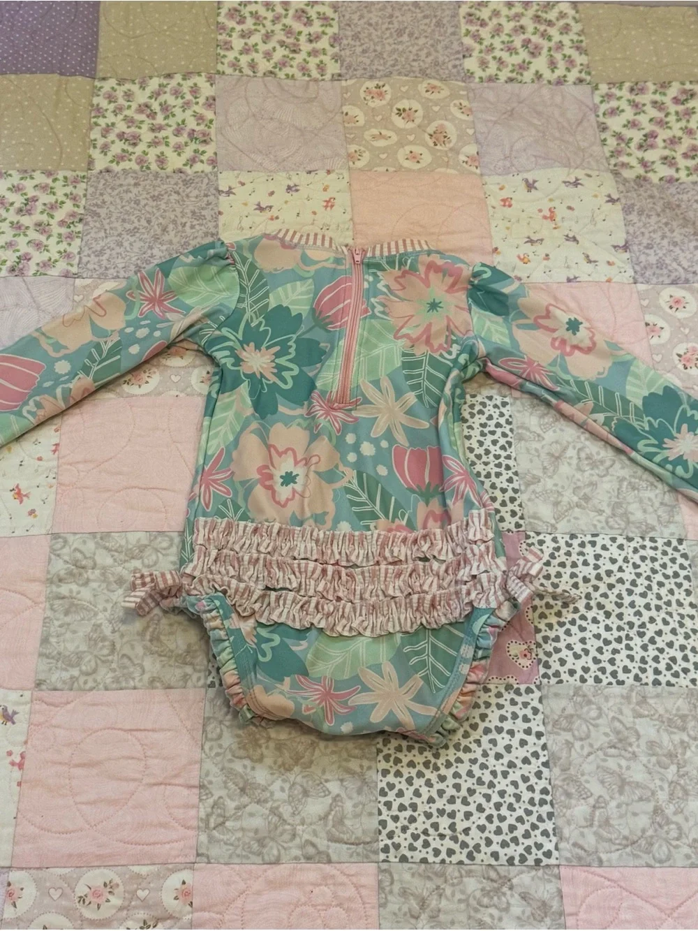 Ruffle Butts Mint, Pink & Peach Floral Long-Sleeve One-Piece